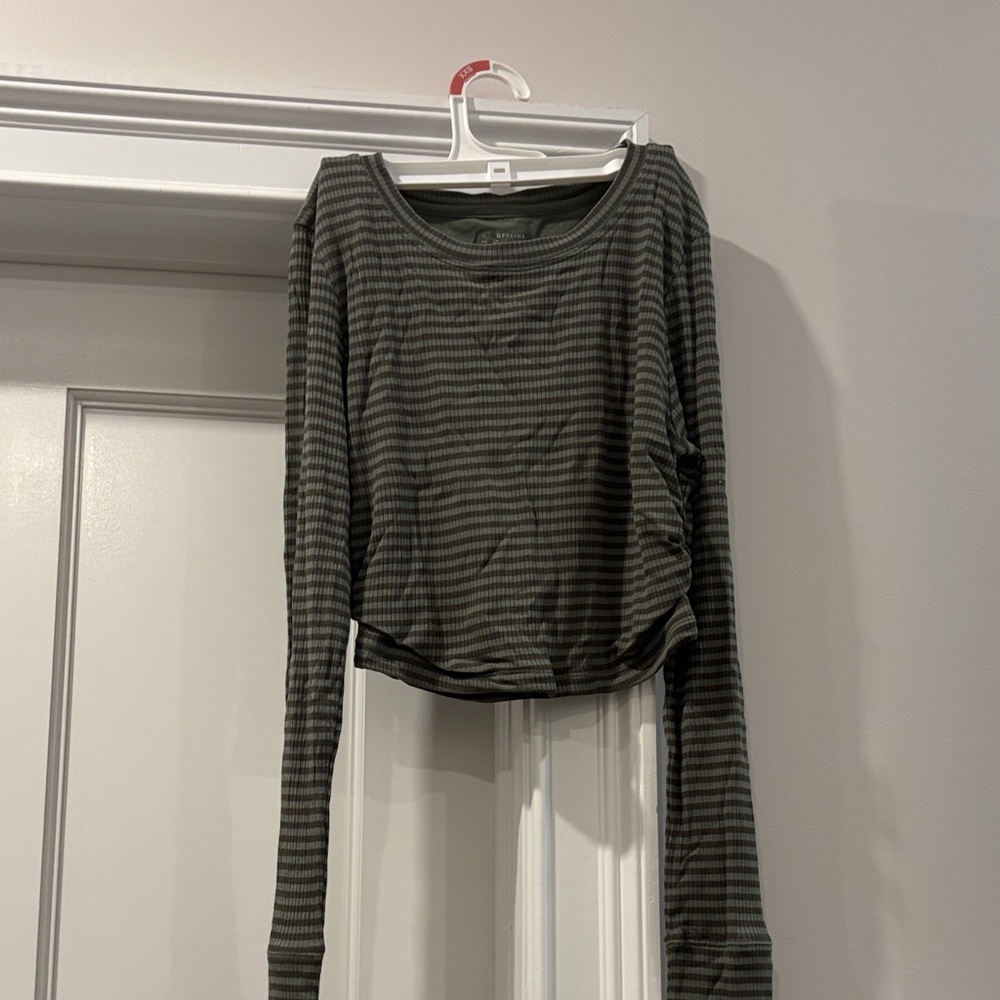 Aerie Olive Striped Long Sleeve Blouse